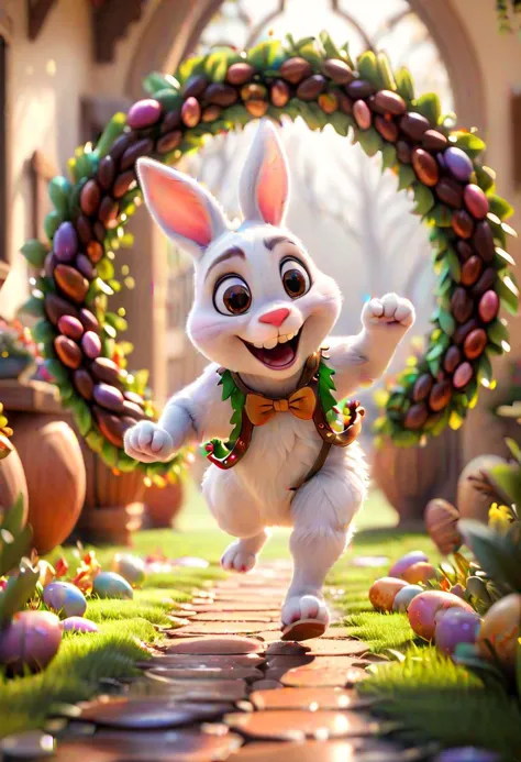 a close up of a rabbit running through a garden with easter eggs