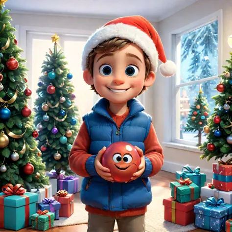 A 3D Pixar kid is donning his father's navy blue sleeveless winter jacket, with big round eyes and a cute smile, striking a pose...