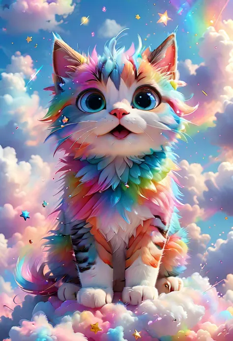 Colorful 3D cartoon kitty with vibrant rainbow fur, big expressive eyes, and a playful demeanor. Kitty is sitting on a fluffy cloud, surrounded by colorful stars and sparkles. Rainbow is arcing gracefully in the background. Soft, pastel-colored clouds drift lazily in the sky.