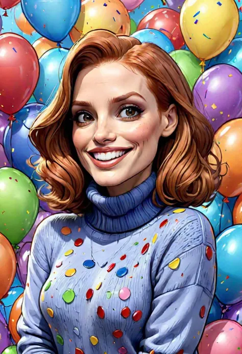 (cartoon style:1.2),  drawing of ([Jessica Chastain|Kelly Ripa|Mila Kunis]), wearing baggy turtleneck sweater, big grin, perfect...