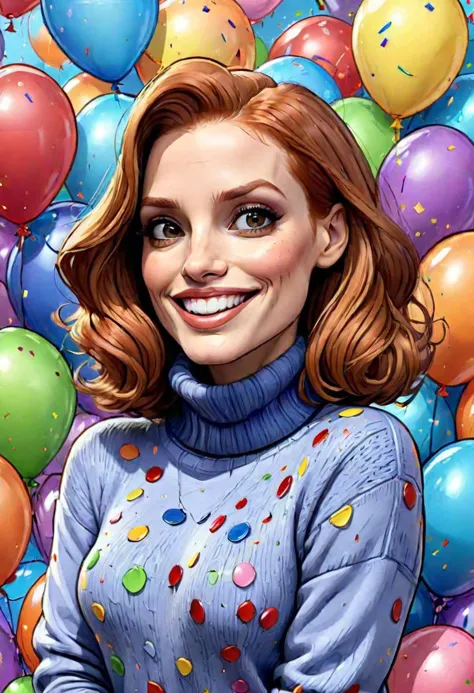 (style dessin animé:1.2),  dessin de ([Jessica Chastain|Kelly Ripa|Mila Kunis]), porter un pull ample à col roulé, grand sourire, yeux parfaits, Visage détaillé,  arrière-plan, pose amusante, look affectueux, Confettis, des ballons