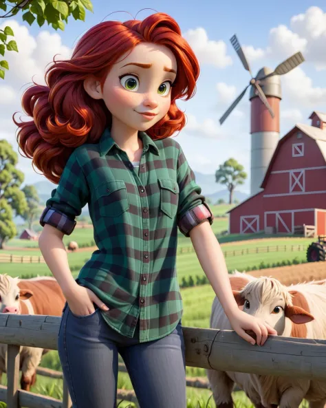 modisn disney, girl with red hair, flannel shirt, rolled up sleeves, farm scenery, detailed, intricate, high quality