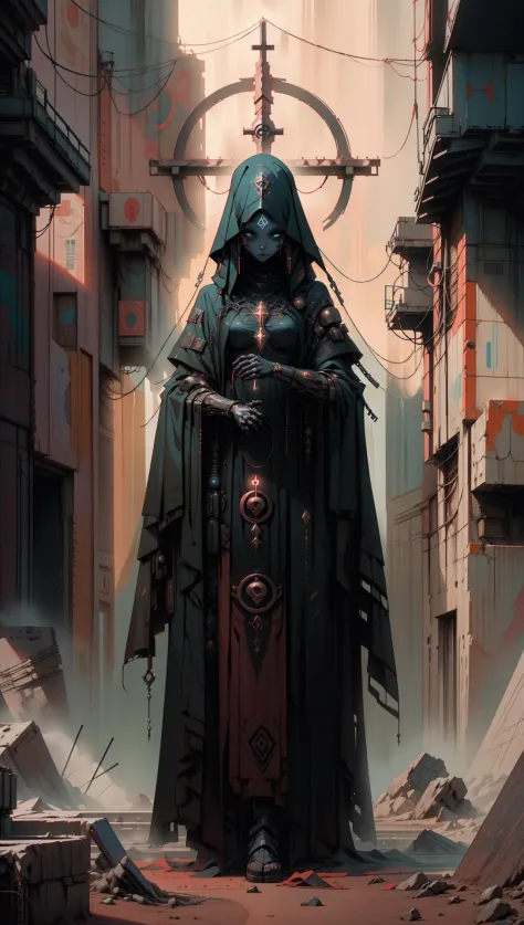 derpd female, cyberpunk scene, woman android cultist assassin  preparing cult ritual, wearing unholy mech armor, robes, occult s...
