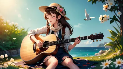 flute, 1girl, guitar, music, playing guitar, female focus, hat, bird, closed eyes, watermark, solo, sitting, nature, bandana, br...