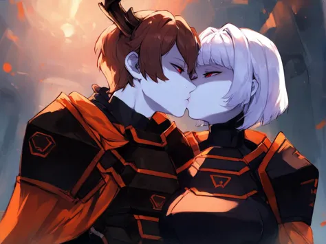 a close up of a person kissing a person with a sword