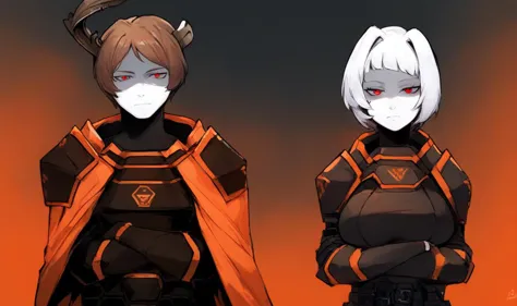 two anime characters with red eyes and black and orange outfits