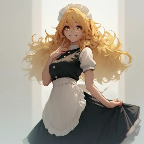 score_9, score_8_up, score_7_up, score_6_up, score_5_up, score_4_up, thmarisa, maid dress, black dress, yellow hair, yellow eyes, smile, solo, 1girl, solo,<lora:PonyXL_V6_thmarisa_v1:1>,  <lora:hirune_style_pony6_v1:1>