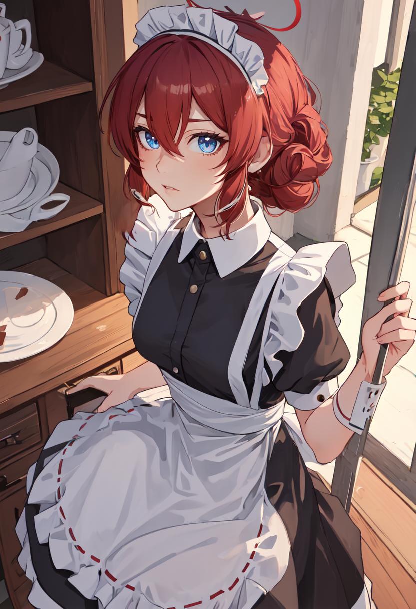 Anime girl in maid outfit holding a knife and a plate - SeaArt AI