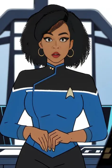 Black woman wearing blue sttldunf uniform,<lora:STTLDV1:0.8>,cartoon,