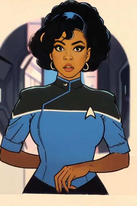 Black woman wearing blue sttldunf uniform,drawing by Jack Kirby,