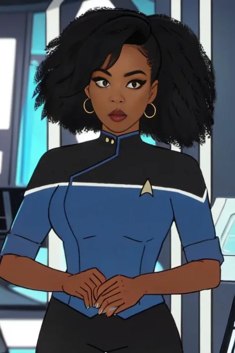 Black woman wearing blue sttldunf uniform,<lora:STTLDV1:0.8>,cartoon,
