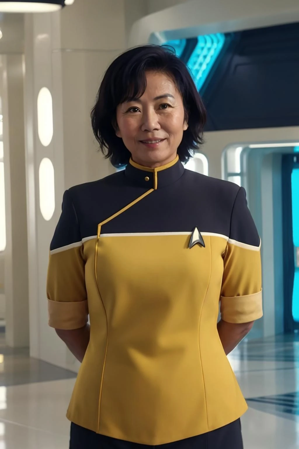 older asian  woman in a yellow sttldunf uniform,entps room