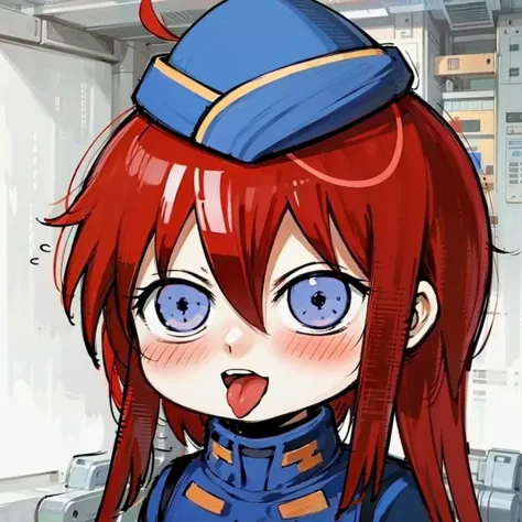 anime girl with red hair and blue uniform making a funny face