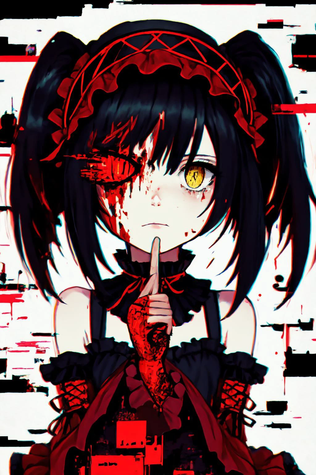 High Quality, Masterpiece, KurumiBase, (clock eyes), heterochromia, twintails, hairband, red dress, frills, detached sleeves, frilled choker, Glitching, glitch, corruption, reaching, tears, reaching out, blood, blood on face, glitch censor, glitchy background, GlitchingBodyPart, 