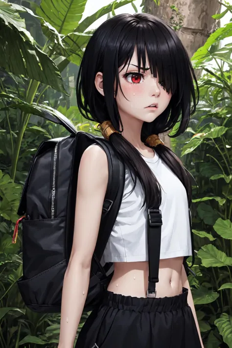 anime girl with black hair and red eyes wearing a backpack