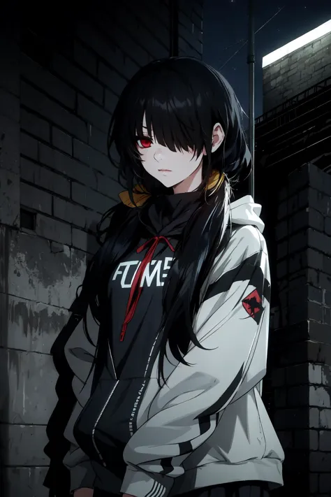 High Quality, Masterpiece, TokisakiKurumi, hair over one eye, low twintails, hoodie, edgTM, wearing edgTM_style fashion, eccentric clothing, outdoors, night, (dark environment), 