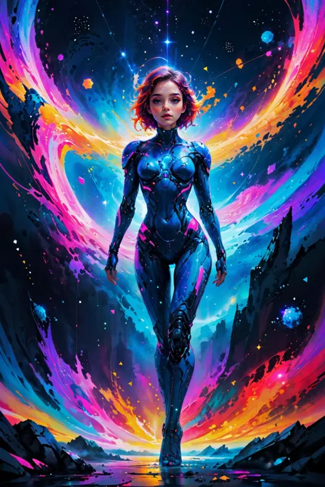 a woman in a futuristic suit stands in front of a colorful vortex