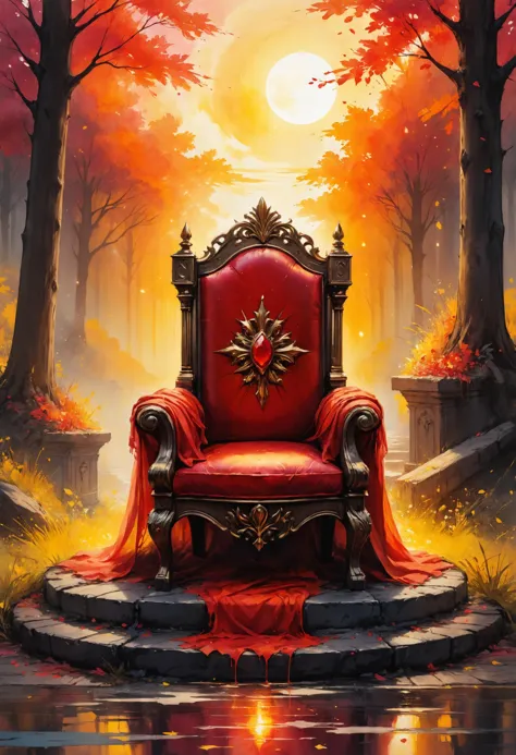 a red chair sitting in the middle of a forest with a red cloth on it