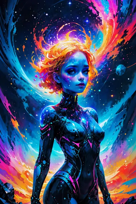 a woman in a futuristic suit with a colorful swirl in her hair