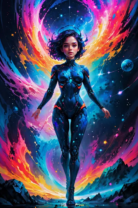 Visualize a female AI entity floating in a vibrant cyberspace, echoing Sebastien Hue's iconic style. This AI is surrounded by a ...