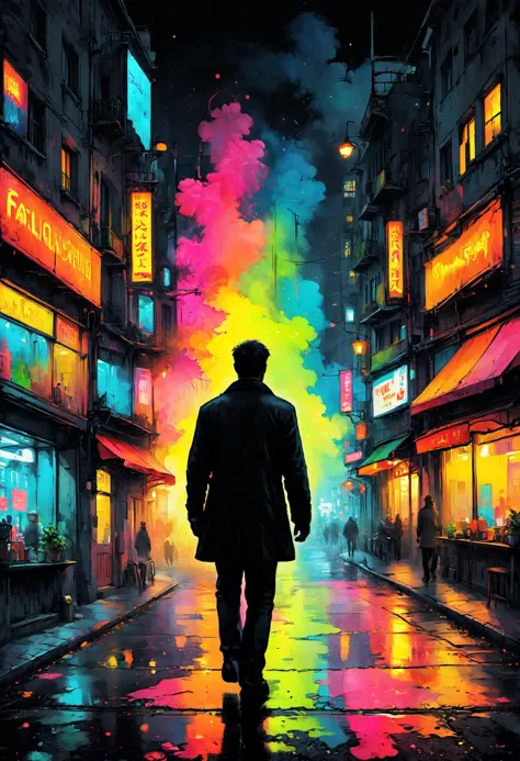 a man walking down a street at night with neon lights