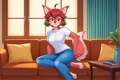 score_9, score_8_up, score_7_up, score_6_up, Detailed Background, BREAK
 <lora:Clawdia_Fighting_Foodons:0.8>, furry female, cl4wdia,  animal ears , BREAK
Sitting on couch, living room, white tee shirt, blue jeans,