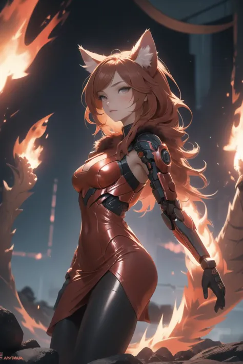 A photograph of a catgirl, fully cothed, red glowing cyberpunk dress, cyberpunk red dress, cute 18 year old catgirl, big cat paw...