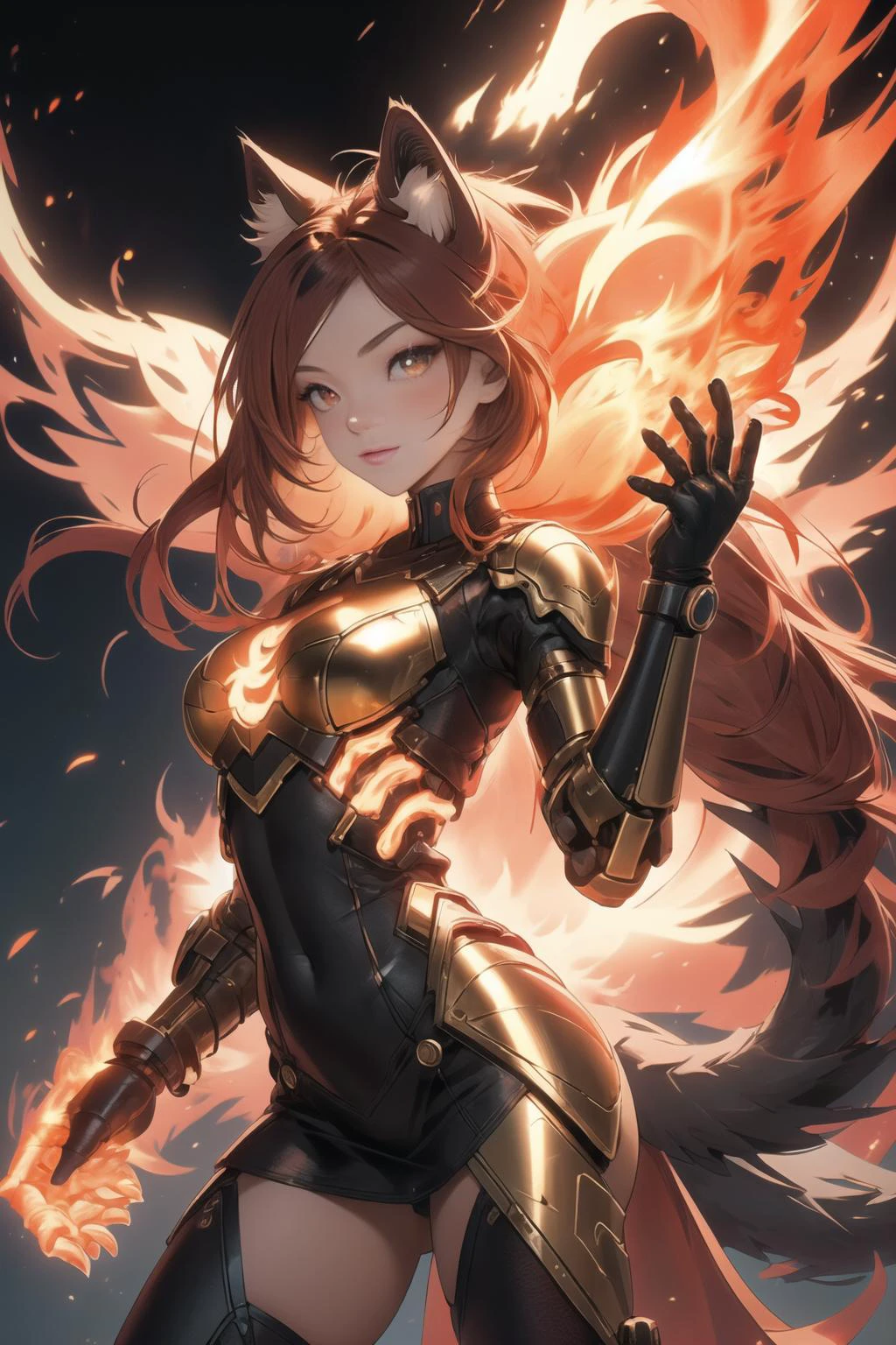 A photograph of a catgirl, fully cothed, red glowing cyberpunk dress, cute 18 year old catgirl, big cat paws, covered in red fur, fuzzy red tail, fuzzy red fur, beautiful red eyes, long red flowing hair, phoenix catgirl, fiery hair and arms, glowingeffects, fire, flames, exomagmatech, scifi, lava made, firefull, translucent, 4k, 35mm film, 