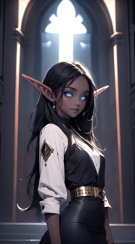 <lora:nightelf-warcraft-richy-v1:1>, nightelf, glowing eyes, colored skin, facial mark, mature female, smirk, (dark skin:1.3), (deep skin:1.1), black hair, black dress,