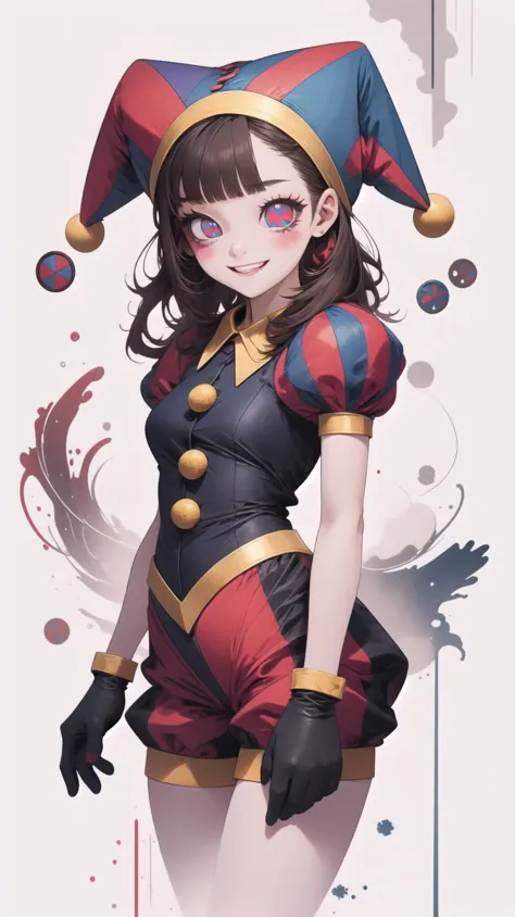 <lora:pomni:1>, pomni, multicolored clothes, jester cap, puffy short sleeves, gloves, buttons, colored skin, symbol-shaped pupil...