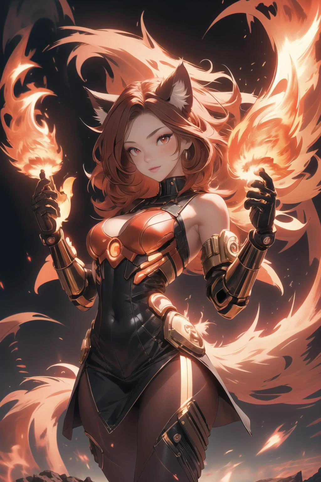 A photograph of a catgirl, fully cothed, red glowing cyberpunk dress, cute 18 year old catgirl, big cat paws, covered in red fur, fuzzy red tail, fuzzy red fur, beautiful red eyes, long red flowing hair, phoenix catgirl, fiery hair and arms, glowingeffects, fire, flames, exomagmatech, scifi, lava made, firefull, translucent, 4k, 35mm film, 