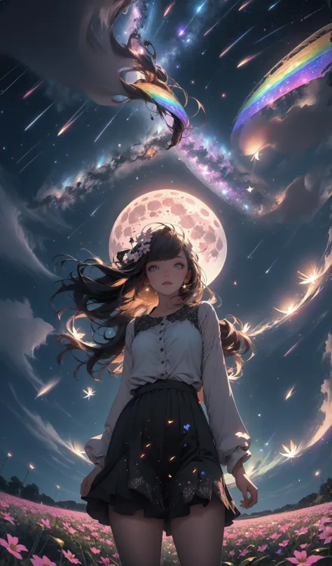 (bottom view),girl standing in a flower field looking up (full moon),(shooting stars),(nebula),sakura,(warm light source:),(Fire...