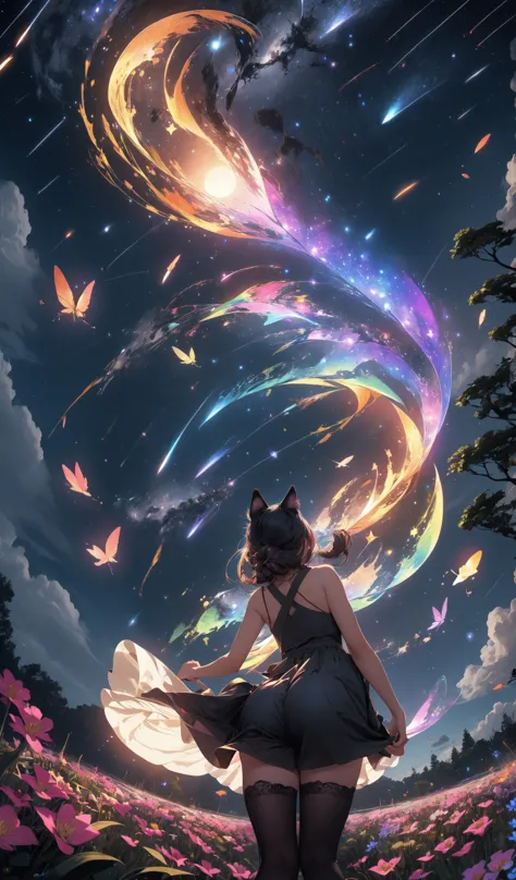 (bottom view),catgirl standing in a flower field looking up (full moon),(shooting stars),(nebula),sakura,(warm light source:),(F...