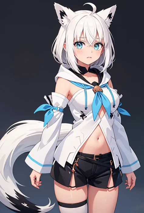 (masterpiece, best quality), 1girl,  <lora:shirakami_fubuki_v1:0.8> aafbk, long hair, ahoge, animal ears, breasts, fox tail, blue neckerchief, white hoodie, detached sleeves, white sleeves, navel, short shorts, black shorts, thigh strap, single thighhigh, black thighhighs,