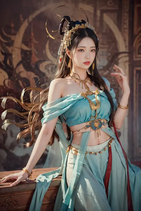 1girl, Dunhuang Flying Apsaras costume, messy long hair, Ji Jian, Dunhuang style, a lot of smoke, superb, elegant colors, (reali...