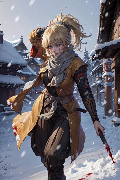 Highly detailed, High Quality, Masterpiece, beautiful, KaruizawaBase, hair scrunchie, <lora:KeiKaruizawa:1>, outfit sekiro, <lora:Outfit_Sekiro:1>, solo character, attack action, intricate design, sharp focus, <lora:Pos_AttackingConcept:0.6>, snow, old village, temple, snowing, blood,