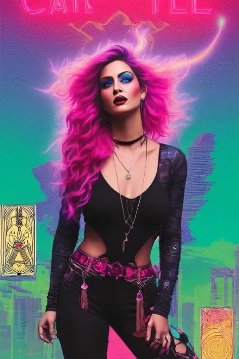 tarot card, trading card style,  1girl, voluptuous woman in a long tshirt, extremely detailed beauty, punk makeup, tokyo sunset,wild hair colors, trending on arstation, synthwave, city punk, vivid colors, rim lighting, octane render, vapodusk1