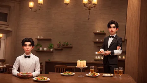 there is a man and a woman standing at a table with plates of food