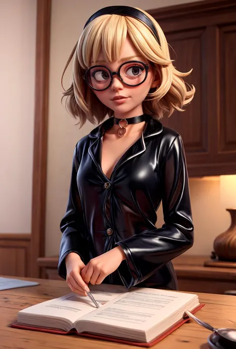 (masterpiece, best quality), 1girl, messy hair, choker, black silk pajamas, see-through, glasses, <lora:add_detail:1>