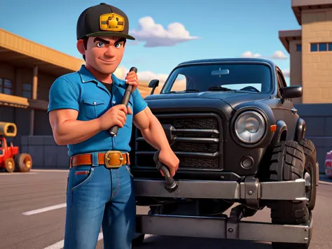 arafed man in blue shirt and hat holding a wrench next to a black truck