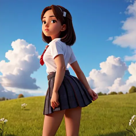 a close up of a girl in a skirt and a tie standing in a field