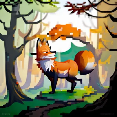 cartoon fox in the woods with a tree and a bird