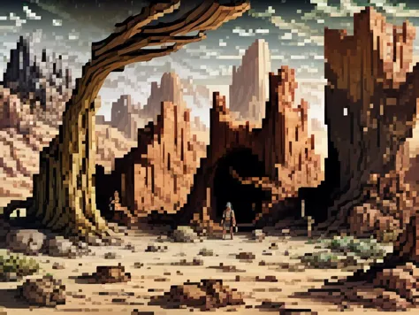 a close up of a pixel art of a desert with a tree