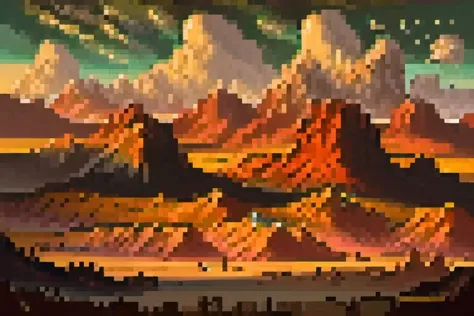 a close up of a pixel art of a desert with mountains