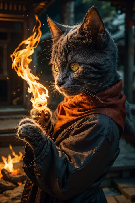 highres, 8k, absurdres, realistic, ((close up)), (yuhuo:1.4), fire ,solo, fierce fire, (Chartreux:1.3),  (cat_human:1.55), (cat:...