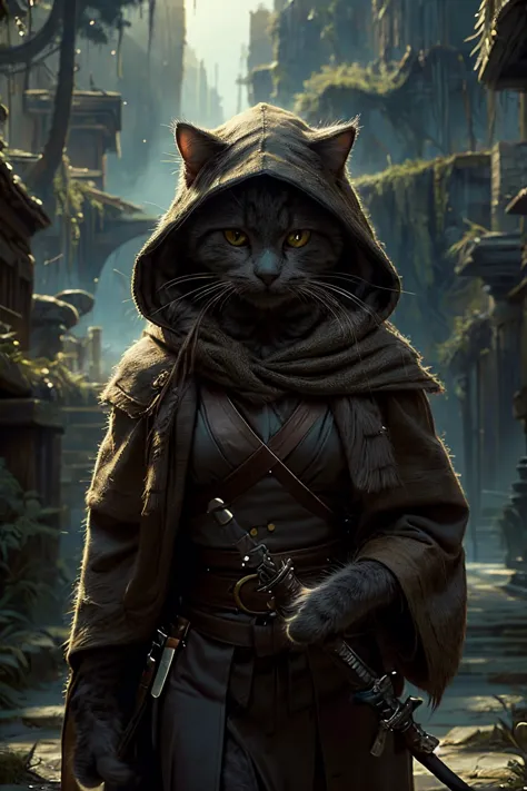 arafed cat dressed in a hooded outfit with a sword