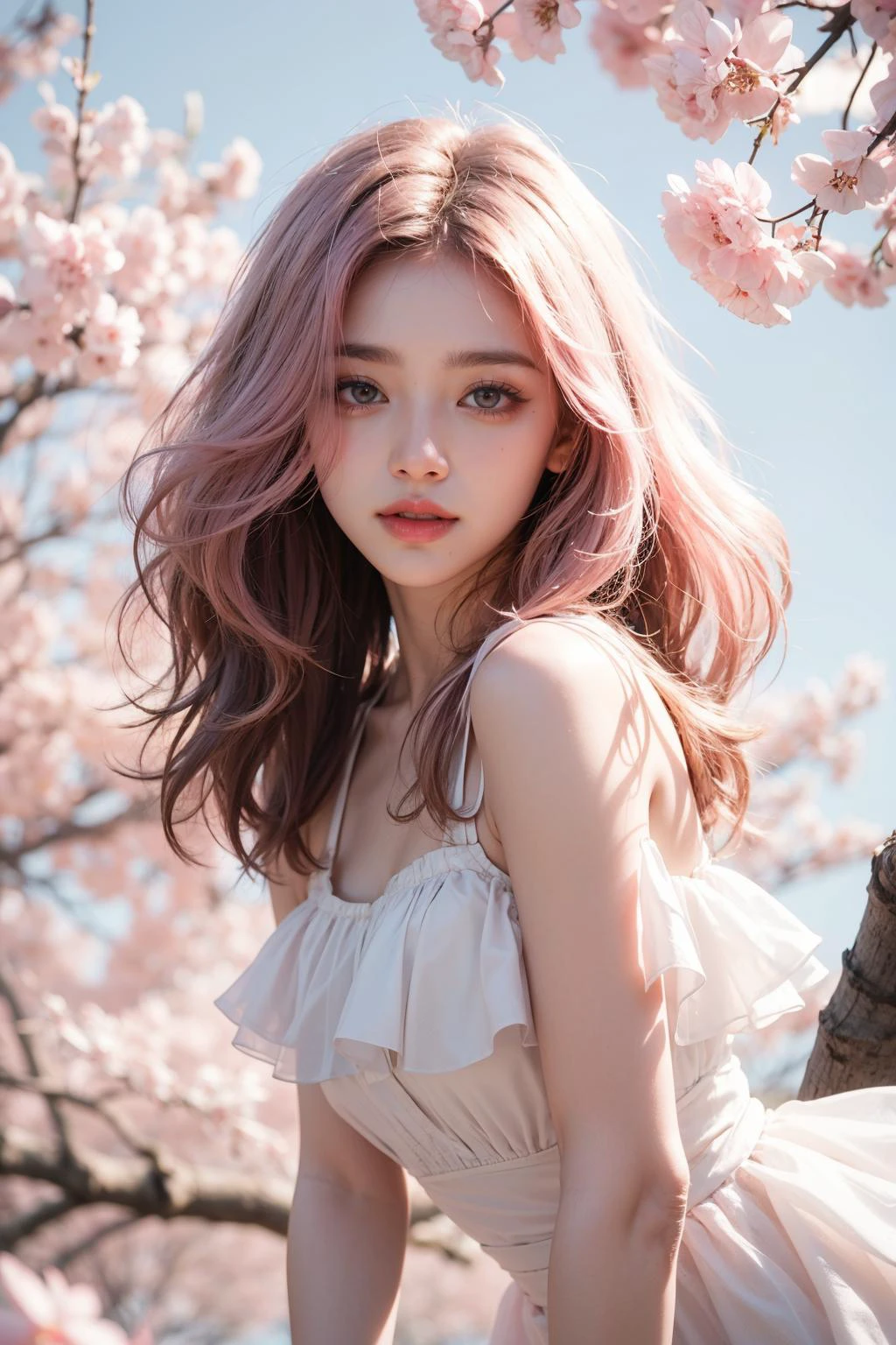 светло-розовые волосы, Розовые глаза, розовый и белый, листья сакуры, яркие цвета, белое платье, Всплеск краски, простой фон, Трассировка лучей, волнистые волосы