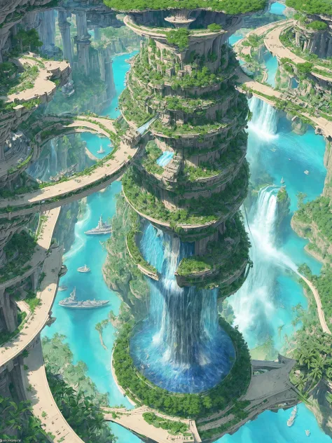 aerial view, stacked architecture city on giant towers and rings with many arches and bridges and flowering terraces, colorful vegetation, sci-fi futuristic architecture, waterfalls, many boats and ships, a matte painting by james gurney, trending on cgsociety, oversaturated, ultra sharp, hyper realistic