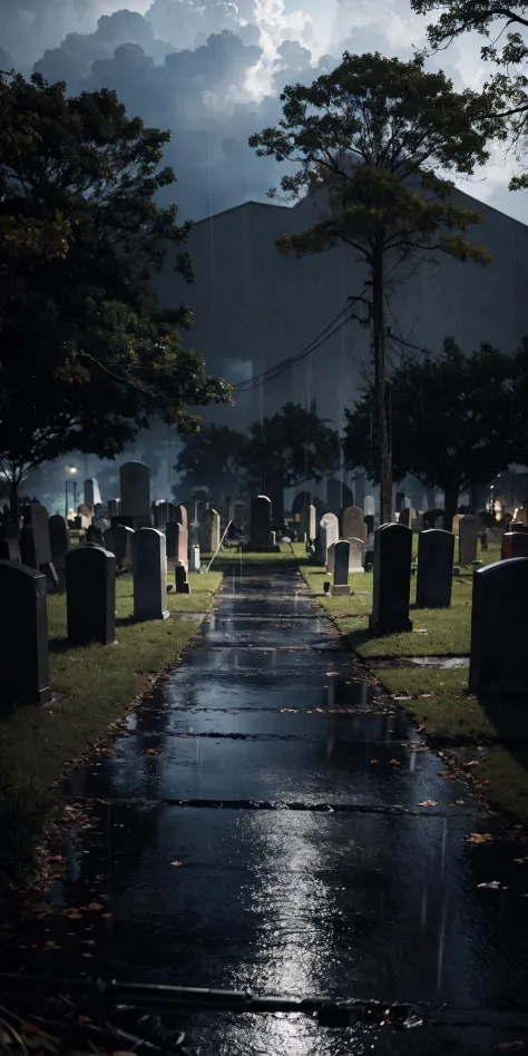photorealistic, best quality, masterpiece, rainy graveyard, spirit <lora:lowra_v10:0.5> dark theme