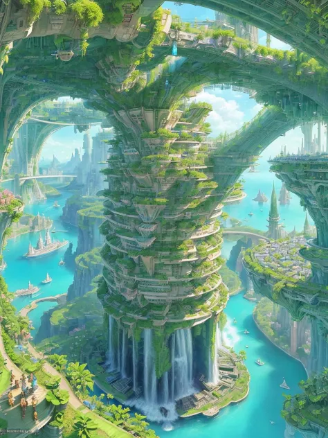 aerial view, stacked architecture city on giant towers and rings with many arches and bridges and flowering terraces, colorful vegetation, sci-fi futuristic architecture, waterfalls, many boats and ships, a matte painting by james gurney, trending on cgsociety, oversaturated, ultra sharp, hyper realistic